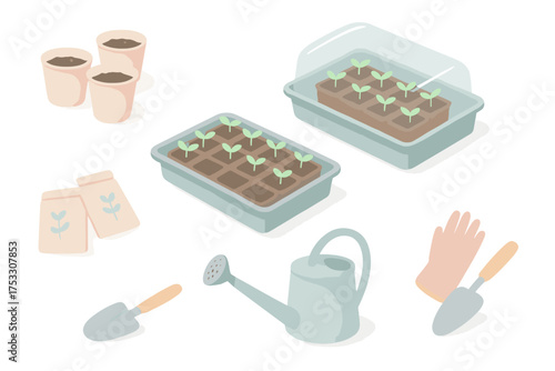 Seed Starting Setup. Isometric vector illustration set Seed Starting Setup: biodegradable pots with soil, tray under multiple
