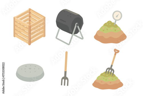 Compost Bin Varieties. Isometric vector illustration set Compost Bin Setup: wooden compost bin with slats, black plastic compost
