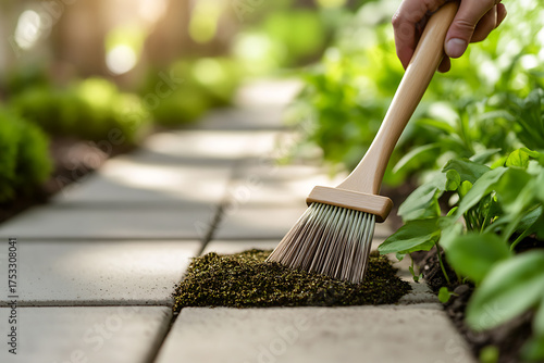 Wallpaper Mural Sweeping soil from a garden path, focus on cleanliness and outdoor maintenance with soft light. Cleanliness, gardening, and beautiful light enhance this scene. Torontodigital.ca