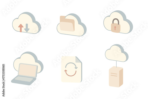 Cloud Storage Essentials. Isometric vector illustration set Cloud Storage Essentials: cloud icon with arrow up and down, file