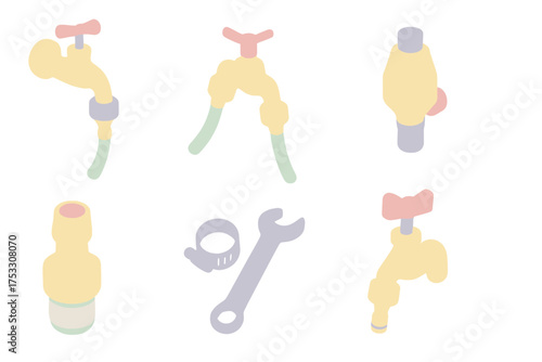 Water Connection Setup. Isometric vector illustration set Outdoor Water Connection: spigot with attached hose, splitter with two
