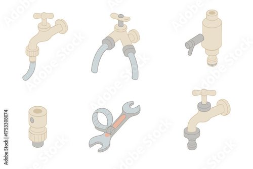 Water Connection Setup. Isometric vector illustration set Outdoor Water Connection: spigot with attached hose, splitter with two