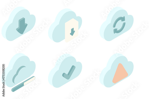 Cloud Download Icons. Isometric vector illustration set Cloud file downloading: cloud with down arrow, file descending from cloud,