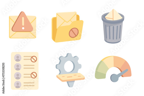 Email Spam Defense Icons. Isometric vector illustration set Spam filter trash email: envelope with warning symbol, junk folder