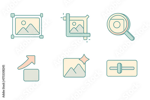 Photo Editing Tools. Isometric vector illustration set Photo editing resolution tools: resize image frame, crop area with handles,