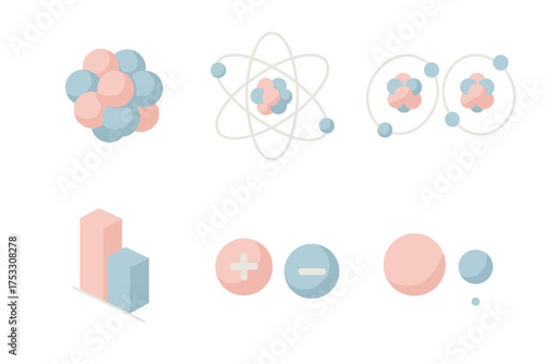 Atomic Structure Graphics. Isometric vector illustration set Atomic particles and structure: nucleus with protons and neutrons,