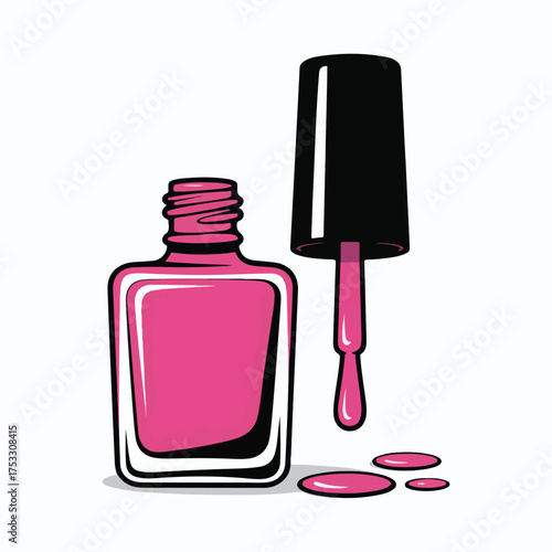 Pink glass nail polish bottle and set of cosmetics with red liquid on a white isolated background for manicure and beauty care