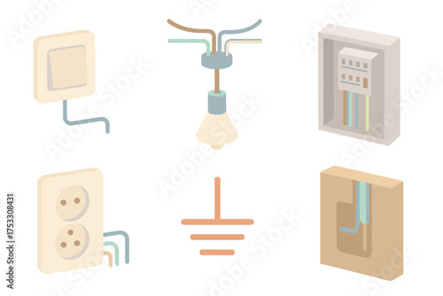 Household Wiring Diagrams. Isometric vector illustration set Household wiring system: wall switch with connected wire, ceiling