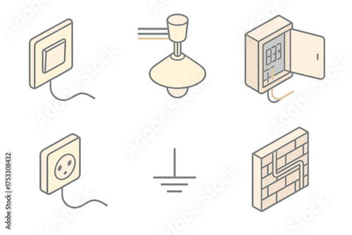 Household Wiring Diagrams. Isometric vector illustration set Household wiring system: wall switch with connected wire, ceiling