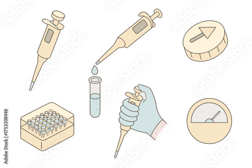 Precision Lab Tools. Isometric vector illustration set Pipette drop measure precise: micropipette tool with digital display,