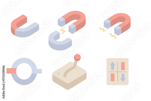Magnetic Forces Illustration. Isometric vector illustration set Magnetic polarity and forces: labeled poles with arrows,