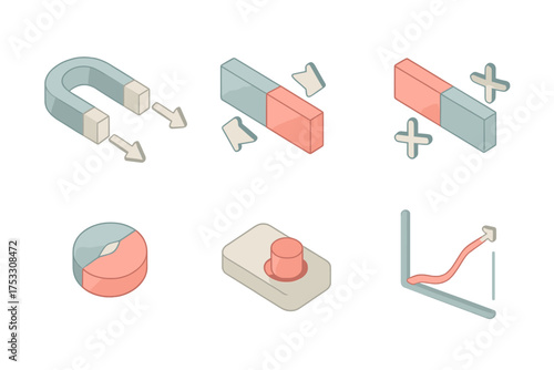Magnetic Forces Illustration. Isometric vector illustration set Magnetic polarity and forces: labeled poles with arrows,