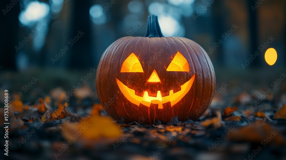 Naklejka premium Traditional Halloween Pumpkin Lantern Glowing in Autumn Park with Leaves and Mysterious Atmosphere