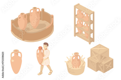 Amphora Trade Icons. Isometric vector illustration set Amphora in trade and transport: amphora on wooden ship deck, storage rack