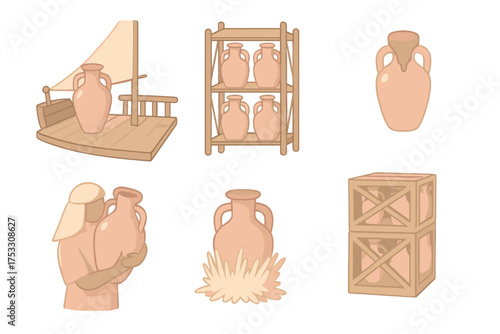 Amphora Trade Icons. Isometric vector illustration set Amphora in trade and transport: amphora on wooden ship deck, storage rack