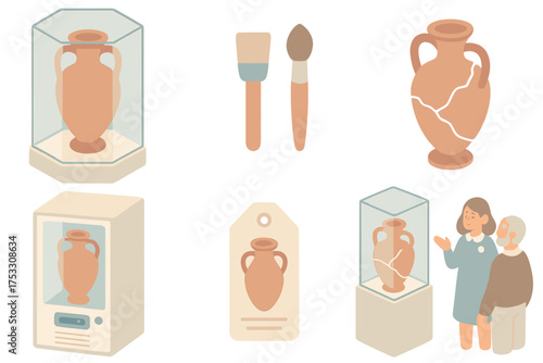 Amphora Exhibit Icons. Isometric vector illustration set Amphora preservation and display: museum glass case with amphora,