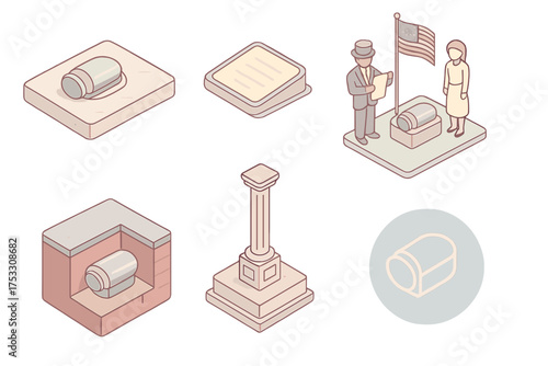 Time Capsule Ceremony. Isometric vector illustration set City monument time capsule: capsule embedded in plaza stone, plaque with