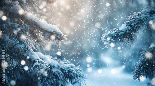 winter background. pine branches covered in sparkling white snow. Christmas backdrop decoration 