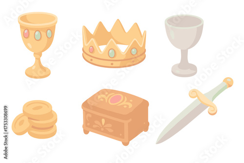 Ancient Treasure Icons. Isometric vector illustration set Ancient treasure artifacts: golden goblet with gems, crown with jewels,