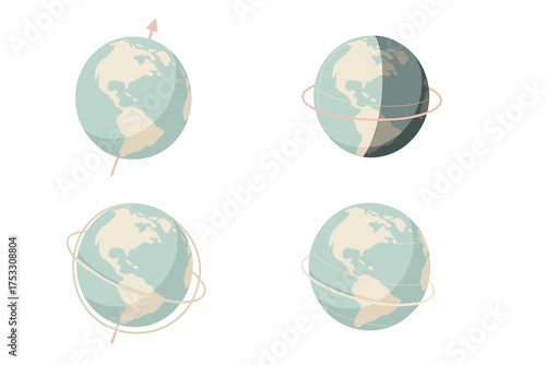 Isometric Globe Dynamics. Isometric vector illustration set globe spin axis geography: geographic globe rotation, day night