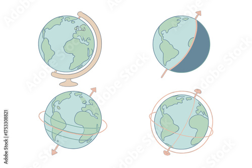 Isometric Globe Dynamics. Isometric vector illustration set globe spin axis geography: geographic globe rotation, day night