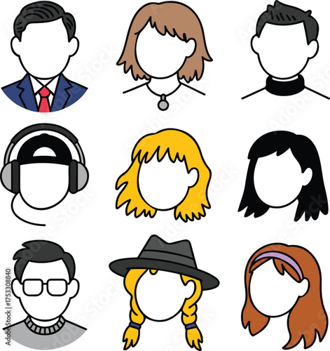 Collection of diverse faceless cartoon avatars with different styles and appearances