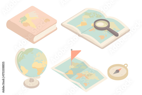 Atlas Book Illustration. Isometric vector illustration set atlas book world countries: hardcover atlas with map design, open