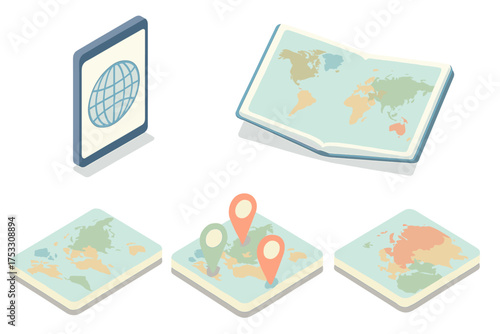 Digital Atlas Map. Isometric vector illustration set atlas book world countries: digital atlas tablet style, e-book open with map,