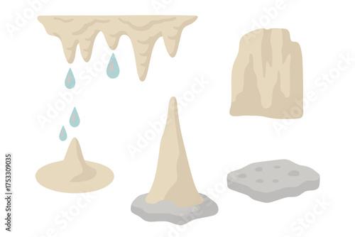 Soft Stalactite Scene. Isometric vector illustration set stalactite cave mineral drip: cavern roof stalactites, dripping water