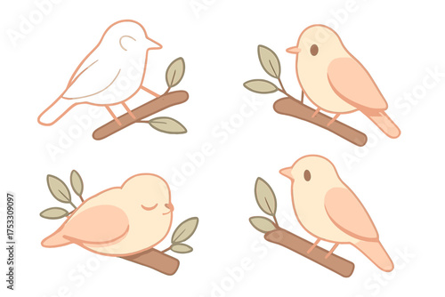 Serene Bird Perch. Isometric vector illustration set perch branch rest observe: perched bird outline, leafy branch support, folded