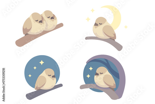 Sparrows' Peaceful Roost. Isometric vector illustration set roost nighttime sleep shelter: group of sparrows roosting, moonlit