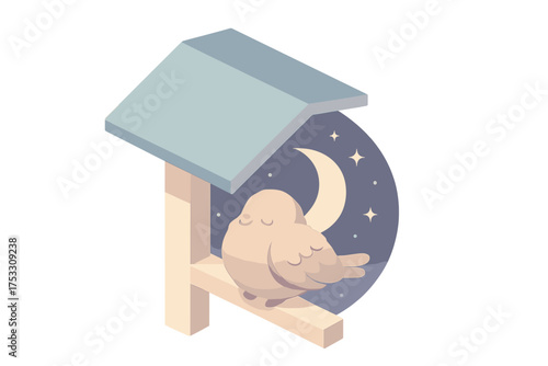 Nighttime Bird Shelter. Isometric vector illustration set roost nighttime sleep shelter: bird resting under roof eave, shadow of