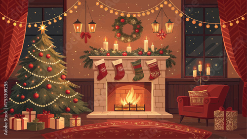 A cozy christmas scene with a decorated tree fireplace and gifts in a warm and inviting setting indoors