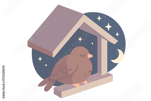 Nighttime Bird Shelter. Isometric vector illustration set roost nighttime sleep shelter: bird resting under roof eave, shadow of