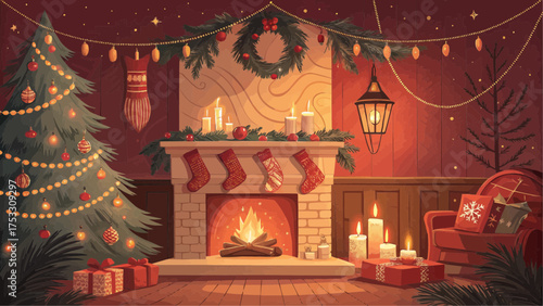 A cozy christmas scene with a decorated tree fireplace and gifts creating a festive holiday atmosphere