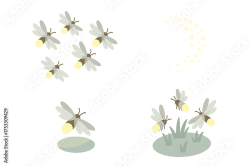 Firefly Glow Night. Isometric vector illustration set firefly glow night signal: glowing firefly swarm, dotted light sparkle