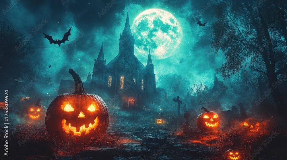 Naklejka premium Creepy Pumpkin Patch under Full Moon with Eerie Cemetery and Halloween Atmosphere