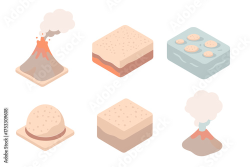 Volcanic Pumice Origins. Isometric vector illustration set Volcanic pumice origins: erupting volcano cone, lava froth cooling,