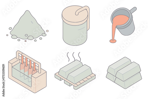 Metal Refining Process. Isometric vector illustration set Metal refining stages: crushed ore powder, chemical leaching tank,