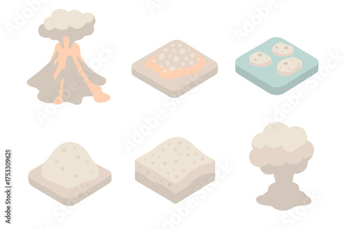 Volcanic Pumice Origins. Isometric vector illustration set Volcanic pumice origins: erupting volcano cone, lava froth cooling,
