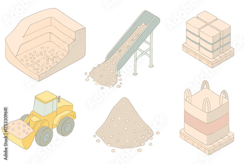 Pumice Production Process. Isometric vector illustration set Pumice mining & production: open quarry pumice pit, conveyor belt