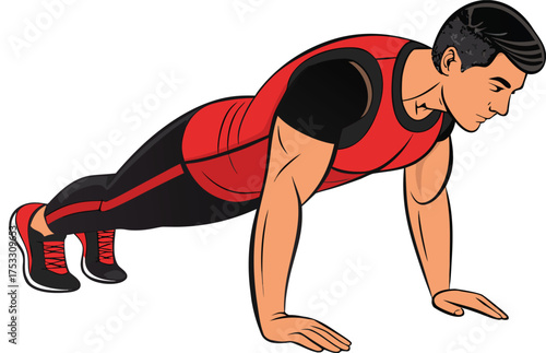 Push-Up Exercise Vector Illustration – Man Doing Upper Body Strength Workout