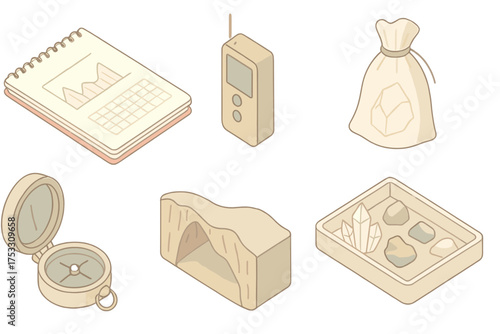 Speleology Tools and Diagrams. Isometric vector illustration set Speleology scientific study: survey notebook, laser measuring
