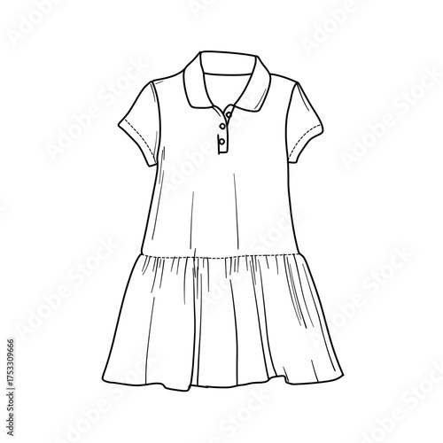 A technical flat sketch of a childrens polo dress. This fashion illustration features a classic collar, a buttoned placket, short sleeves, and a gathered, flared skirt, isolated on a white background.