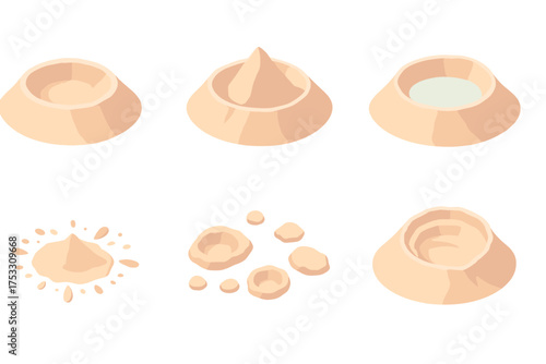 Impact Crater Icons. Isometric vector illustration set Impact crater features: circular crater rim, central uplift peak, crater