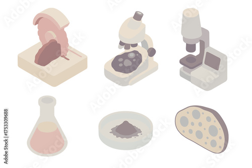 Meteorite Analysis Tools. Isometric vector illustration set Meteorite cutting & analysis: diamond saw meteorite slice, microscope