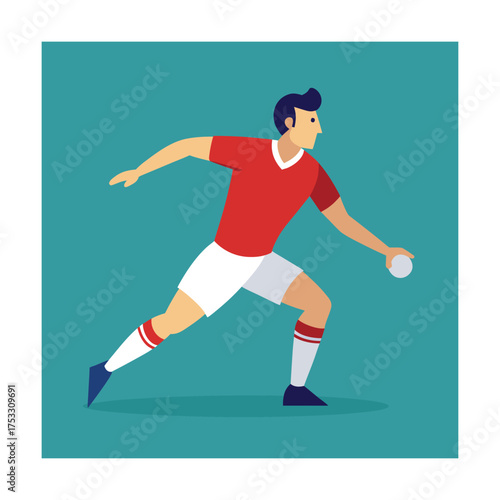 Athlete in red uniform throwing ball on teal background
