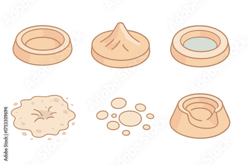 Impact Crater Icons. Isometric vector illustration set Impact crater features: circular crater rim, central uplift peak, crater
