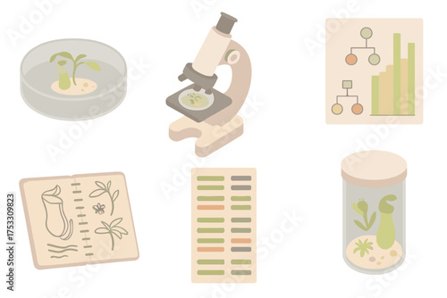 Carnivorous Plant Research. Isometric vector illustration set Scientific study of carnivorous plants: lab petri dish with plant,