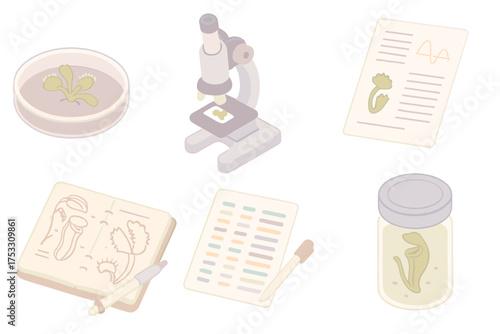 Carnivorous Plant Research. Isometric vector illustration set Scientific study of carnivorous plants: lab petri dish with plant,